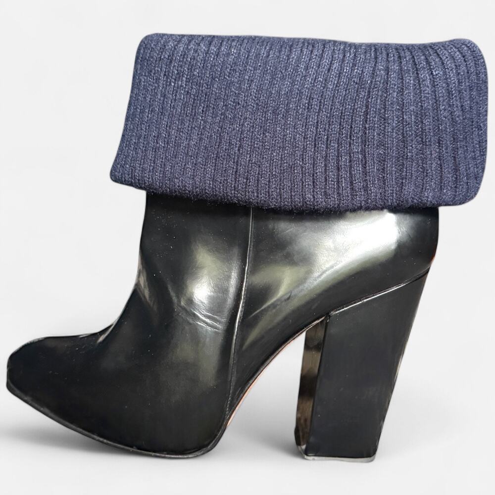 Rachel Comey Designer Block Heel Ankle Boots Black Leather Navy Knit Size 8.5‎